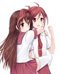  :d :o ahoge bangs blush brown_hair flat_chest glomp hair_between_eyes hair_ornament hairclip hand_on_another's_shoulder highres hug long_hair looking_away maya_yukiko multiple_girls necktie open_mouth pleated_skirt profile red_eyes red_hair saki school_uniform serafuku shirt shishihara_sawaya short_hair short_sleeves side_ponytail simple_background skirt smile straddling suzushiro_yukari thighhighs two_side_up usuzan_school_uniform very_long_hair white_background white_legwear yuri zettai_ryouiki 