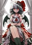  ascot bad_id bad_pixiv_id bat_wings blue_hair crossed_arms dress legs light_smile looking_at_viewer red_eyes remilia_scarlet short_hair sitting solo touhou wings zen_o 