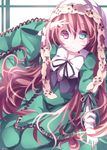  absurdres bad_id bad_pixiv_id brown_hair dress frills green_eyes heterochromia highres long_hair long_sleeves red_eyes rozen_maiden saijou_karin solo suiseiseki very_long_hair 