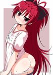  antenna_hair ass blush bow buruma buruma_pull gym_uniform hair_bow long_hair looking_at_viewer looking_back mahou_shoujo_madoka_magica naitou_kouse panties panty_pull ponytail red_eyes red_hair sakura_kyouko solo underwear very_long_hair 