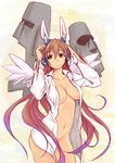  animal_ears breasts brown_hair bunny_ears easter_island green_eyes large_breasts long_hair moai naked_shirt noname_(nowhere) open_clothes open_shirt original rumi_(netyhobby) shirt solo very_long_hair wings 