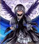  cross dress feathers flower frills gothic_lolita hairband iroha_(nullpo) lolita_fashion long_hair long_sleeves moon puffy_sleeves red_eyes rose rozen_maiden shikishi silver_hair sky solo star_(sky) starry_sky suigintou traditional_media wings 
