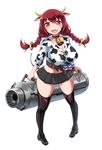  animal_ears animal_print bell bell_collar belt black_legwear blush boots bottle braid breasts canister cleavage collar cow_bell cow_ears cow_girl cow_print cow_tail fang highres horns large_breasts long_hair looking_at_viewer milk_bottle original pigeon-toed red_eyes red_hair simple_background skirt solo tail thigh_boots thighhighs twin_braids white_background zenn zettai_ryouiki 