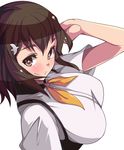  :&gt; breasts brown_eyes brown_hair gatchaman_crowds hair_ornament hairclip ichinose_hajime large_breasts long_hair saiste simple_background smile solo white_background 