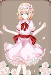  alice_margatroid alice_margatroid_(pc-98) alternate_costume blonde_hair blue_eyes bow flower hair_bow hair_ribbon hairband nanatuki13 pink_flower pink_rose pink_skirt ribbon rose sash short_hair short_sleeves skirt smile solo touhou touhou_(pc-98) 