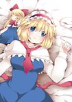  alice_margatroid ascot bed blonde_hair blue_dress blue_eyes blush bow capelet closed_eyes commentary_request dress hair_bow hairband hammer_(sunset_beach) long_hair looking_at_viewer lying on_back red_string ribbon shanghai_doll short_hair sleeping smile solo_focus string touhou 