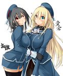  atago_(kantai_collection) black_gloves black_hair black_legwear blonde_hair blue_hat blush breast_press breasts gloves green_eyes hat heart huge_breasts kaminagi_(kaminagi-tei) kantai_collection large_breasts long_hair looking_at_viewer military military_uniform multiple_girls pantyhose red_eyes short_hair simple_background symmetrical_docking takao_(kantai_collection) thighhighs uniform white_background 