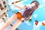  1girl adjusting_clothes adjusting_shorts blue_sky brown_hair cat_hair_ornament day dutch_angle from_behind from_below green_eyes grin gym_uniform hair_ornament himekawa_yuki holding idolmaster idolmaster_cinderella_girls long_hair loud orange_shorts outdoors shiny shiny_hair shirt short_shorts short_sleeves shorts sky smile solo sports_festival standing very_long_hair white_shirt z.nov 