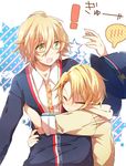  2boys blonde_hair blush closed_eyes glasses green_eyes hair_ornament hairclip hug kurusu_shou male_focus multiple_boys open_mouth shinomiya_natsuki spoken_exclamation_mark surprised uta_no_prince-sama yaoi 