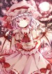  ascot bad_id bad_pixiv_id bat_wings dress flower full_moon hat hat_ribbon jaku_sono light_smile mob_cap moon pink_dress pink_flower pink_rose purple_eyes remilia_scarlet ribbon rose sash silver_hair sky solo touhou wings wrist_cuffs 