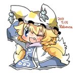  artist_name bad_id bad_twitter_id blonde_hair blue_eyes blush chibi dated fang fox_tail hat lowres one_eye_closed open_mouth rebecca_(keinelove) short_hair smile solo tail touhou yakumo_ran 
