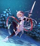  1girl absurdres ahoge artist_name bell black_gloves black_legwear bow capelet elbow_gloves eyebrows_visible_through_hair fate/grand_order fate_(series) floating_hair full_body fur-trimmed_capelet fur_trim gloves hair_bow headpiece highres holding holding_spear holding_weapon jeanne_d&#039;arc_(fate)_(all) jeanne_d&#039;arc_alter_santa_lily leg_up long_hair outdoors polearm silver_hair sky snowing solo spear star_(sky) starry_sky striped striped_bow thighhighs very_long_hair watermark weapon web_address white_capelet wrist_cuffs yellow_eyes yuniiho zettai_ryouiki 