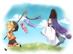  chibi closed_eyes cloud day flower fujiwara_no_sai grass hat hikaru_no_go huan_ying japanese_clothes koinobori long_hair male_focus multicolored_hair multiple_boys outdoors purple_hair shindou_hikaru short_hair sky tate_eboshi two-tone_hair 