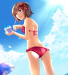  1girl :d amami_haruka ass bikini blue_sky blush bow brown_hair cloud eyebrows_visible_through_hair from_behind from_below green_eyes hair_bow highres holding idolmaster idolmaster_(classic) open_mouth parasol red_bikini red_bow red_ribbon ribbon shaved_ice short_hair sky smile solo standing strapless strapless_bikini sunlight swimsuit umbrella z.nov 