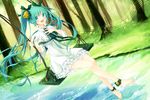  ankle_bell ankle_cuffs anklet aqua_eyes aqua_hair barefoot bell detached_sleeves dutch_angle fujishiki_aiko hair_bell hair_ornament hand_on_own_chest hatsune_miku jewelry long_hair looking_at_viewer open_mouth sitting solo swing swinging tree twintails very_long_hair vocaloid water 