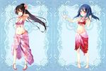  barefoot bikini black_hair blue_hair dennryuurai front-tie_top long_hair multiple_girls navel pigeon-toed ponytail print_sarong psychic_hearts purple_sarong red_eyes red_sarong sandals sarong swimsuit 