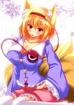  animal_ears blonde_hair blouse breasts cleavage cosplay fox_ears fox_tail head_tilt headband heart impossible_clothes impossible_shirt komeiji_satori komeiji_satori_(cosplay) large_breasts long_sleeves looking_at_viewer merry_(diameri) multiple_tails open_mouth over-kneehighs plant shirt short_hair sitting skirt snowflakes solo tail thighhighs third_eye touhou vines wariza white_background white_legwear yakumo_ran yellow_eyes zettai_ryouiki 