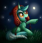  2013 equine female firefly friendship_is_magic grass green_hair hair hat high-roller2108 horn horse light lyra_(mlp) my_little_pony night outside pony sitting sky solo two_tone_hair unicorn white_hair yellow_eyes younh 