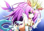  blue_eyes breasts cleavage crown looking_at_viewer medium_breasts mermaid monster_girl navel purple_hair puzzle_&amp;_dragons shell shell_bikini siren_(p&amp;d) smile solo tail taka_(takalight) 