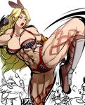  abs amazon_(dragon's_crown) armlet armor bikini bikini_armor blonde_hair blue_eyes boots breasts circlet dragon's_crown dwarf_(dragon's_crown) elf_(dragon's_crown) feathers fighter_(dragon's_crown) fighting_stance gloves helmet large_breasts leg_up legs long_hair mafen muscle muscular_female swimsuit tattoo thick_thighs thighs 