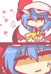  =_= ahoge anger_vein bat_wings blonde_hair child covering covering_eyes goma_(gomasamune) hat heart_ahoge mikoto_freesia_scarlet mob_cap multiple_girls open_mouth original remilia_scarlet short_hair side_ponytail smile touhou wings 
