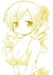  absurdres bare_shoulders bikini blonde_hair breasts cleavage drill_hair flower hair_flower hair_ornament hibiscus highres looking_at_viewer mahou_shoujo_madoka_magica medium_breasts smile solo swimsuit tomoe_mami tsubaki_(tatajd) twin_drills twintails yellow_eyes 