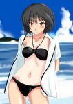  amagami beach bikini black_eyes black_hair day murasaki_iro nanasaki_ai navel ocean one-piece_tan outdoors short_hair solo swimsuit tan tanline water 