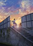  bag brown_hair closed_eyes cloud cloudy_sky grass original outstretched_arm road ryouga_(fm59) school_bag school_uniform short_hair sky smile solo stairs sunset 