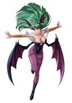  absurdres animal_print anime_coloring armpits artist_request bare_shoulders bat_print bat_wings boots breasts bridal_gauntlets cleavage demon_girl elbow_gloves floating_hair full_body gloves green_eyes green_hair head_wings highres large_breasts legs leotard long_hair long_legs morrigan_aensland official_art outstretched_arms pantyhose print_legwear project_x_zone purple_legwear purple_wings simple_background solo spread_arms standing standing_on_one_leg succubus thigh_gap thighs vampire_(game) white_background wings 