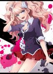  bad_id bad_pixiv_id blue_eyes bow breasts cleavage danganronpa danganronpa_1 enoshima_junko hair_bow highres letterboxed long_hair medium_breasts open_mouth ouri pink_hair pleated_skirt skirt sleeves_rolled_up solo 