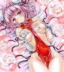  at_classics bandages blush breast_squeeze breasts bun_cover chain covering covering_breasts cuffs double_bun false_arm false_limb flower ibaraki_kasen large_breasts looking_at_viewer lying marker_(medium) naked_tabard on_back pink_eyes pink_flower pink_hair pink_rose rose sample shackles solo tabard touhou traditional_media watermark 