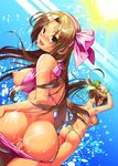  anus arm_up ass bikini bikini_pull blush breasts brown_eyes brown_hair cum cum_on_ass facial hair_ribbon hairband highres large_breasts long_hair looking_at_viewer looking_back momoiro_manjiryuu multiple_girls nipples original ponytail puffy_nipples pulled_by_self pussy ribbon shiny shiny_skin skindentation swimsuit untied wristband 