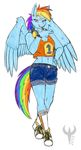  2013 anthro anthrofied blue_fur clothing equine ethanqix female friendship_is_magic fur hair headphones horse looking_at_viewer mammal multi-colored_hair my_little_pony navel pegasus piercing plain_background pony purple_eyes rainbow_dash_(mlp) rainbow_hair shirt shorts sneakers socks solo standing tank_top vest white_background wings 