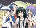  black_hair blonde_hair blue_hair brown_hair closed_eyes crescent full_moon hair_ribbon hand_kiss hand_on_another's_head harem hat houraisan_kaguya kiss long_hair moon multiple_girls ponytail red_eyes ribbon shamisen_(syami_sen) smile touhou upper_body very_long_hair watatsuki_no_toyohime watatsuki_no_yorihime yagokoro_eirin yuri 