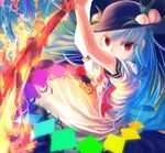  blue_hair fire food fruit hat hinanawi_tenshi kayako_(tdxxxk) long_hair peach red_eyes solo sword sword_of_hisou touhou weapon 