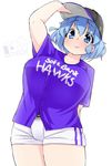  :&gt; arm_up baseball_cap baseball_uniform blue_eyes blue_hair breasts fukuoka_softbank_hawks hat huge_breasts inaka_keikou nippon_professional_baseball original saku_hinoko short_hair shorts solo sportswear 