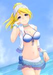  ayase_eli beach bikini bikini_skirt blonde_hair blue_eyes bracelet breasts cleavage day front-tie_top jewelry large_breasts long_hair love_live! love_live!_school_idol_project monokuru natsuiro_egao_de_1_2_jump! navel ocean outdoors ponytail smile solo swimsuit vest water 