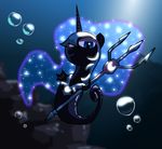  alfa995 ambiguous_gender armor black_body blue_eyes blue_hair bubble bubbles feral friendship_is_magic hair helmet horn looking_at_viewer my_little_pony nightmare_moon_(mlp) polearm sea_pony solo trident underwater water 