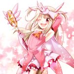  ;d armpits elbow_gloves fate/kaleid_liner_prisma_illya fate_(series) feathers gloves hair_feathers holding holding_wand holiday-jin illyasviel_von_einzbern kaleidostick long_hair magical_girl one_eye_closed open_mouth prisma_illya red_eyes smile solo thighhighs two_side_up v wand white_hair 