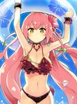  :o arms_up bikini breasts cleavage earrings flower frilled_bikini frills hair_flower hair_ornament hair_ribbon innertube jewelry large_breasts long_hair navel oda_nobunaga_(sengoku_collection) pink_hair ribbon sengoku_collection sergei_(pattundo) solo swimsuit wrist_cuffs yellow_eyes 