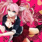  bad_id bad_pixiv_id blue_eyes boots bow breasts cleavage danganronpa danganronpa_1 enoshima_junko hair_bow knee_boots large_breasts long_hair mizunonaka2 necktie pink_hair plaid plaid_skirt pleated_skirt skirt sleeves_rolled_up solo tongue 