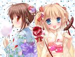  asahina_yori blonde_hair blue_eyes brown_hair candy_apple chocolate_banana cotton_candy food japanese_clothes kamikita_komari kimono little_busters! multiple_girls natsume_rin red_eyes short_hair twintails 