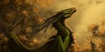  2015 ashesdrawn day detailed_background digital_media_(artwork) dragon forest green_scales horn orange_theme outside scales scalie solo tree western_dragon wings 