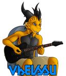  badge bare_chest black_nails blue_eyes chair claws clothing dragon frills guitar horn kurtassclear lizard male music nipples plain_background reptile scalie shorts sitting teeth text tongue topless white_background yellow_skin 