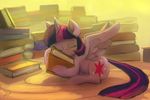  book cutie_mark equine eyes_closed female feral friendship_is_magic hair horn horse hug lying mammal multi-colored_hair my_little_pony pony purple_hair raikoh-illust solo twilight_sparkle_(mlp) winged_unicorn wings 