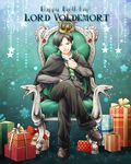  black_hair cape crossed_legs crown gift happy_birthday harry_potter holiday-jin male_focus necktie red_eyes sitting snake solo tom_marvolo_riddle younger 