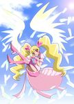  angel_wings blonde_hair blue_background boots choker cure_angel_(fresh_precure!) cure_peach feathers fresh_precure! full_body hair_ornament hairpin haru_(nature_life) heart heart_hair_ornament heart_hands knee_boots long_hair magical_girl momozono_love pink_choker pink_eyes pink_footwear precure purple_legwear skirt sky smile solo thighhighs twintails white_wings wings wrist_cuffs 
