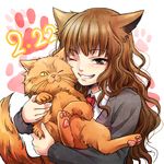  animal_ears brown_eyes brown_hair cat cat_ears cheek-to-cheek crookshanks fang harry_potter hermione_granger holiday-jin long_hair one_eye_closed wavy_hair 