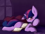  bed blush cutie_mark dialog english_text equine female feral friendship_is_magic fur hair horn horse letter looking_at_viewer lying mammal multi-colored_hair my_little_pony night on_front pillow pony purple_eyes purple_fur purple_hair solo tesslashy text twilight_sparkle_(mlp) unicorn 