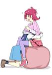  :d aida_mana between_legs blue_hair blush braid closed_eyes couple dokidoki!_precure dress flipped_hair half_updo head_under_clothes hishikawa_rikka hug kneeling laughing long_hair multiple_girls open_mouth pink_hair precure purple_legwear shirt short_hair simple_background sitting sitting_on_object skirt sky_(freedom) smile tears thighhighs white_background yuri 